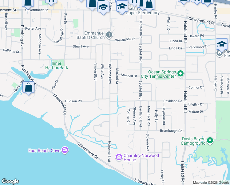 map of restaurants, bars, coffee shops, grocery stores, and more near 208 Biddix Street in Ocean Springs