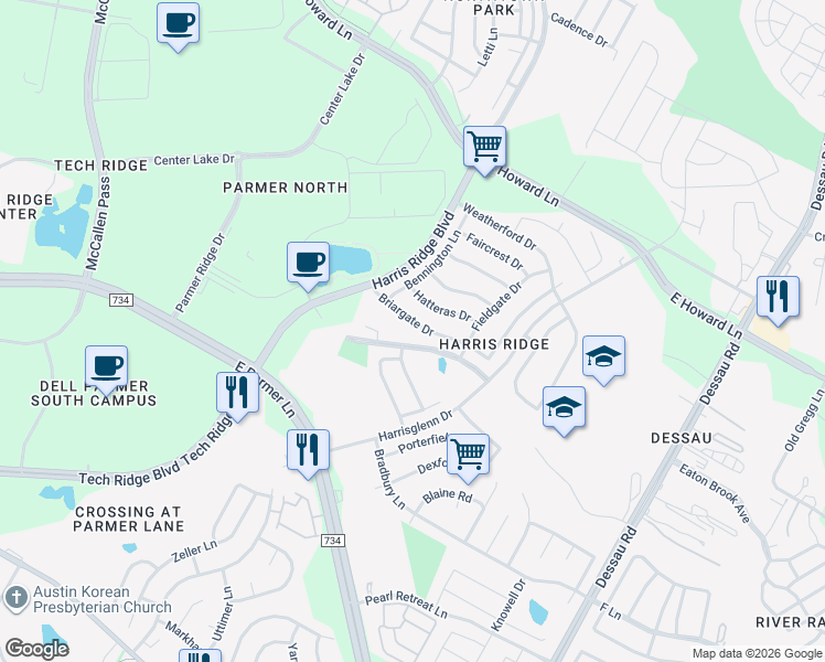 map of restaurants, bars, coffee shops, grocery stores, and more near 1101 Briargate Drive in Austin