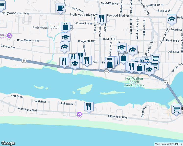 map of restaurants, bars, coffee shops, grocery stores, and more near 8 Miracle Strip Parkway Southwest in Fort Walton Beach