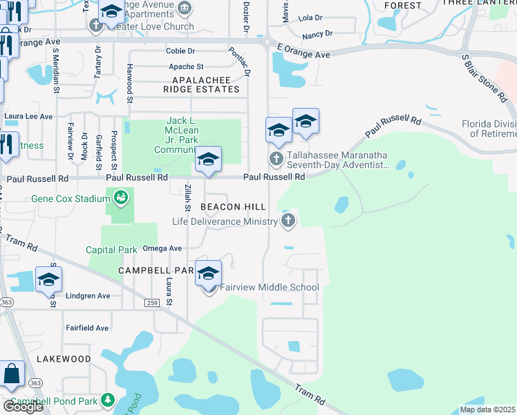 map of restaurants, bars, coffee shops, grocery stores, and more near 3216 Jim Lee Road in Tallahassee