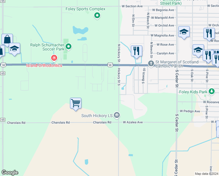 map of restaurants, bars, coffee shops, grocery stores, and more near 312 Wyatt Court in Foley