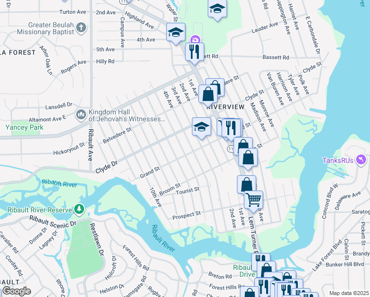 map of restaurants, bars, coffee shops, grocery stores, and more near 2207 Grand Street in Jacksonville