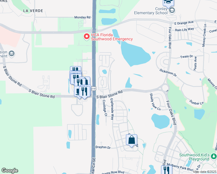 map of restaurants, bars, coffee shops, grocery stores, and more near 3500 Esplanade Way in Tallahassee