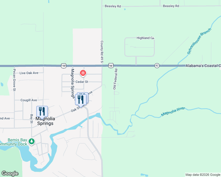 map of restaurants, bars, coffee shops, grocery stores, and more near 15005 Old Federal Road in Magnolia Springs