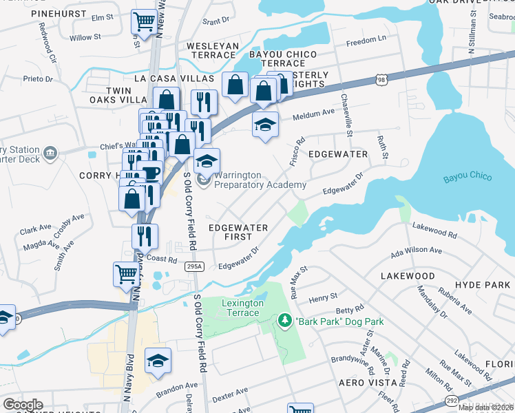 map of restaurants, bars, coffee shops, grocery stores, and more near 521 Frisco Road in Pensacola