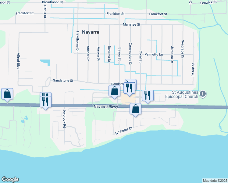 map of restaurants, bars, coffee shops, grocery stores, and more near 7480 Harvest Village Court in Navarre