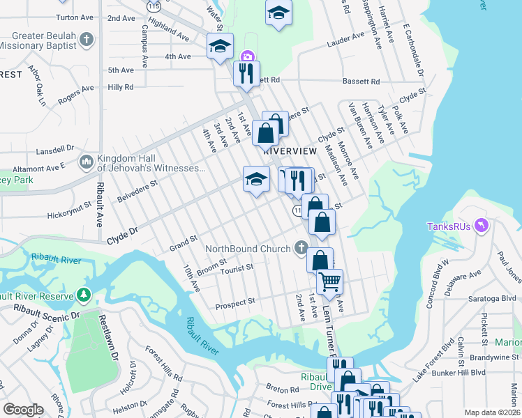 map of restaurants, bars, coffee shops, grocery stores, and more near 8960 2nd Avenue in Jacksonville