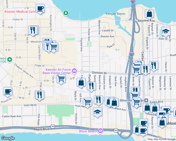 map of restaurants, bars, coffee shops, grocery stores, and more near 1076 Division Street in Biloxi
