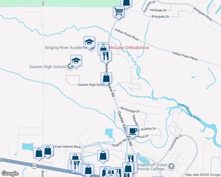 map of restaurants, bars, coffee shops, grocery stores, and more near 4307 Gautier Vancleave Road in Gautier