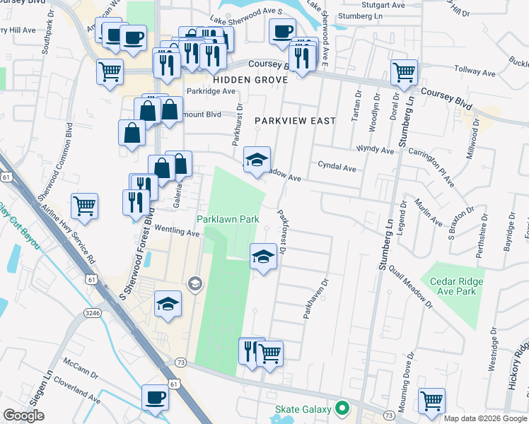 map of restaurants, bars, coffee shops, grocery stores, and more near 12234 Park Lawn Avenue in Baton Rouge