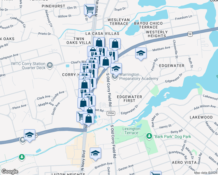 map of restaurants, bars, coffee shops, grocery stores, and more near 450 South Old Corry Field Road in Pensacola