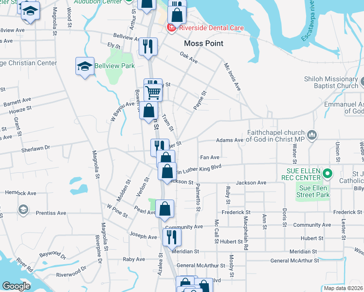 map of restaurants, bars, coffee shops, grocery stores, and more near 4424 Elder Street in Moss Point