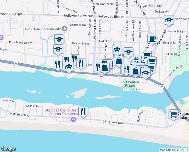 map of restaurants, bars, coffee shops, grocery stores, and more near 4 Miracle Strip Parkway Southeast in Fort Walton Beach