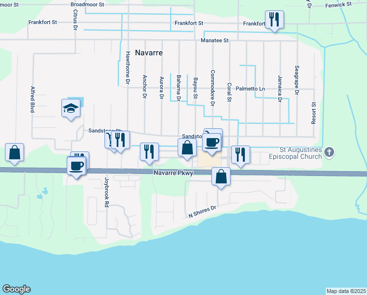 map of restaurants, bars, coffee shops, grocery stores, and more near 7476 Harvest Village Court in Navarre