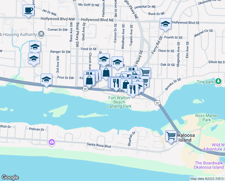 map of restaurants, bars, coffee shops, grocery stores, and more near 124 U.S. 98 in Fort Walton Beach