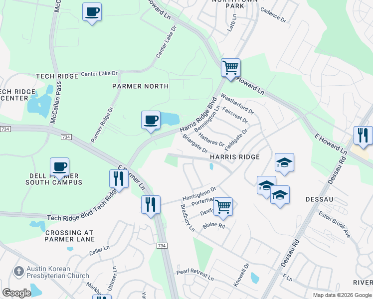 map of restaurants, bars, coffee shops, grocery stores, and more near 1101 Briargate Drive in Austin