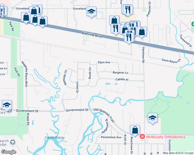 map of restaurants, bars, coffee shops, grocery stores, and more near 3715 Cabildo Place in Ocean Springs