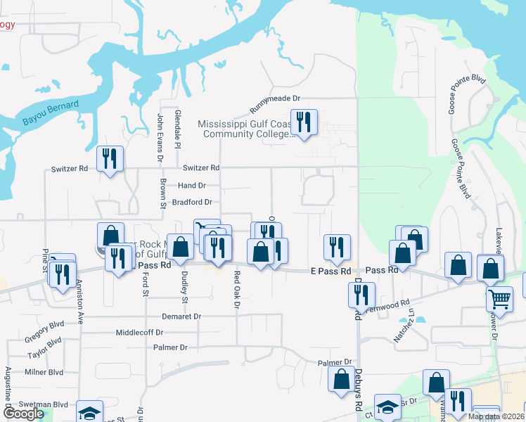 map of restaurants, bars, coffee shops, grocery stores, and more near 831 Oakleigh Avenue in Gulfport