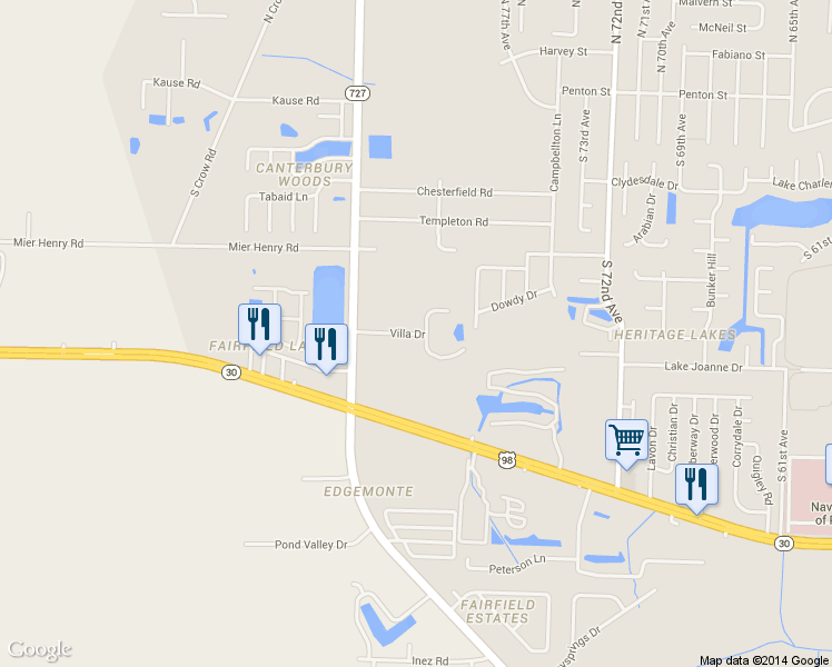 map of restaurants, bars, coffee shops, grocery stores, and more near 1 Villa Drive in Pensacola