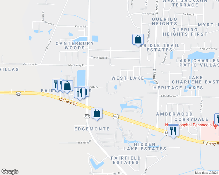 map of restaurants, bars, coffee shops, grocery stores, and more near 1 Villa Drive in Pensacola