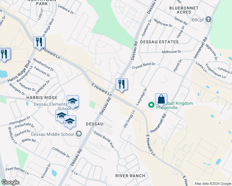 map of restaurants, bars, coffee shops, grocery stores, and more near 13416 Gregg Lane in Pflugerville