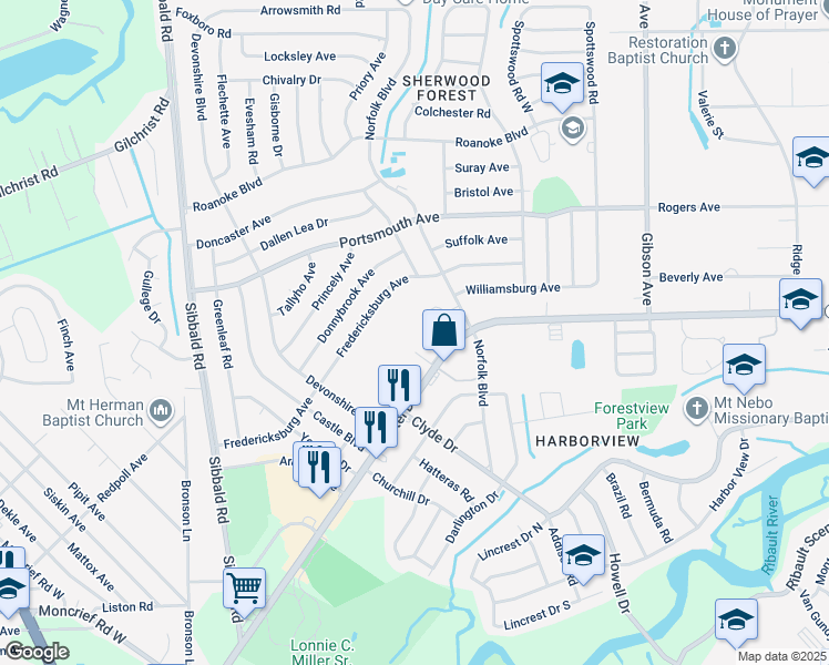 map of restaurants, bars, coffee shops, grocery stores, and more near Marlbrook Street in Jacksonville