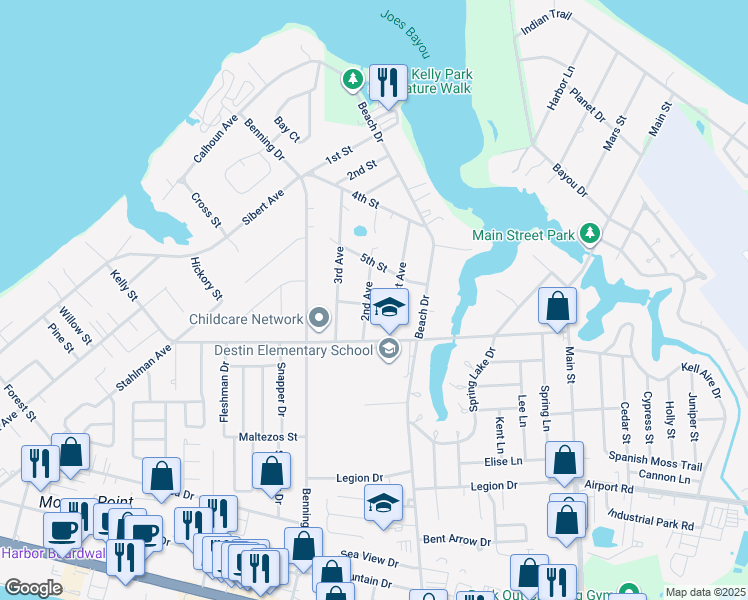 map of restaurants, bars, coffee shops, grocery stores, and more near 614 Mimosa Street in Destin