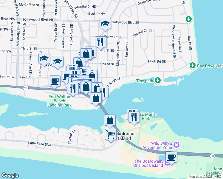 map of restaurants, bars, coffee shops, grocery stores, and more near 240 Brooks Street Southeast in Fort Walton Beach