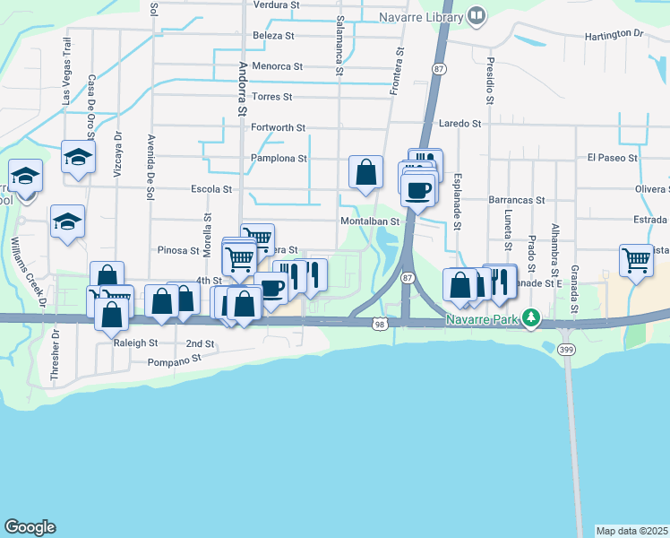 map of restaurants, bars, coffee shops, grocery stores, and more near 8202 Frontera Street in Navarre
