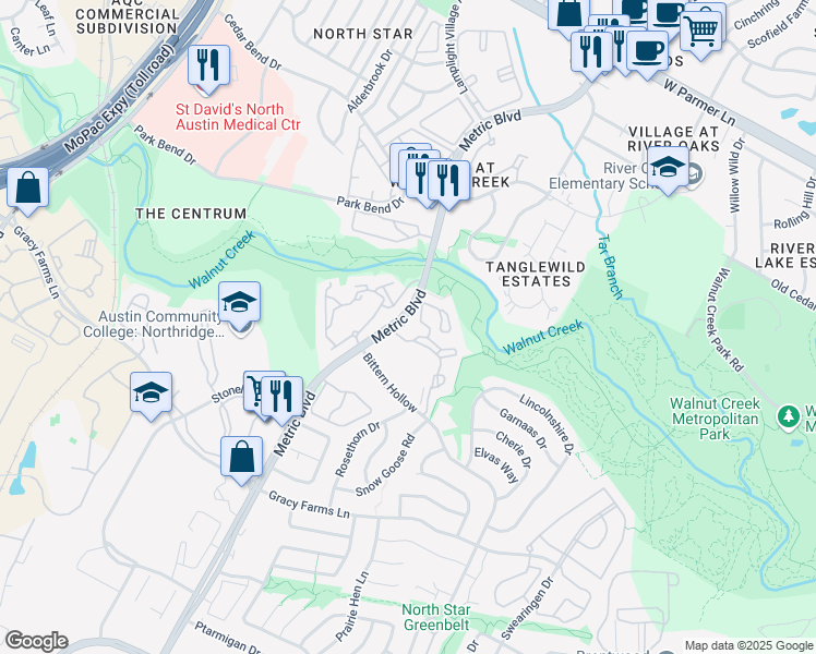 map of restaurants, bars, coffee shops, grocery stores, and more near 12113 Metric Boulevard in Austin