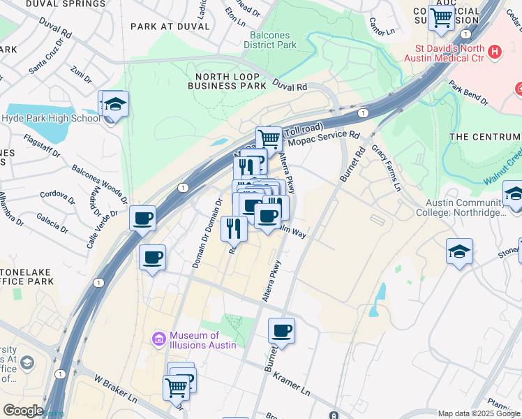 map of restaurants, bars, coffee shops, grocery stores, and more near 138 Domain Boulevard in Austin