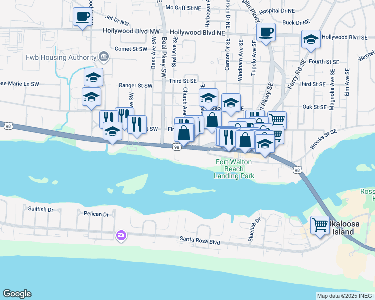 map of restaurants, bars, coffee shops, grocery stores, and more near 50 Miracle Strip Parkway Southeast in Fort Walton Beach