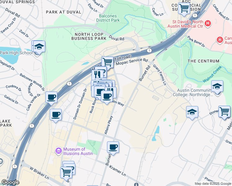 map of restaurants, bars, coffee shops, grocery stores, and more near 11800 Alterra Parkway in Austin