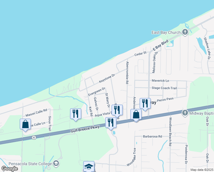 map of restaurants, bars, coffee shops, grocery stores, and more near 1860 Saint Mary Drive in Gulf Breeze
