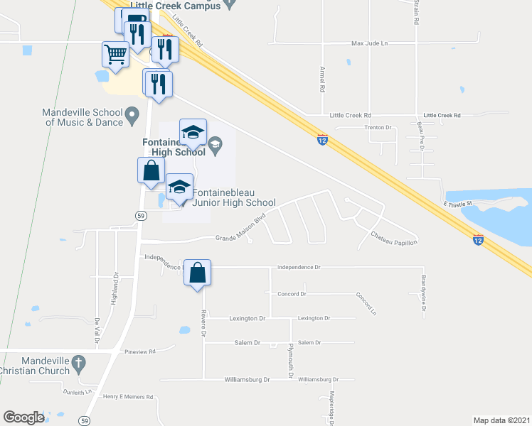 map of restaurants, bars, coffee shops, grocery stores, and more near Grand Maison Boulevard in Mandeville