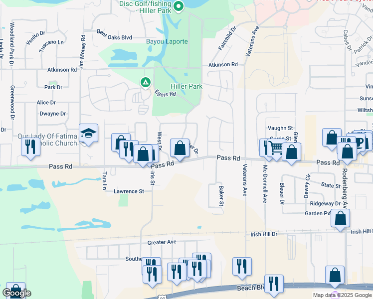 map of restaurants, bars, coffee shops, grocery stores, and more near 305 Hiller Dr in Biloxi