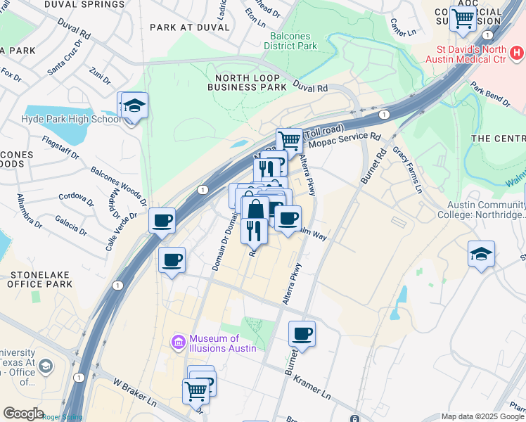 map of restaurants, bars, coffee shops, grocery stores, and more near 11700 Rock Rose Avenue in Austin