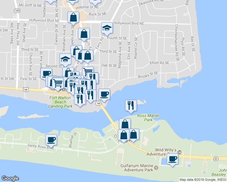 map of restaurants, bars, coffee shops, grocery stores, and more near 240 Brooks Street Southeast in Fort Walton Beach