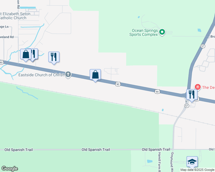 map of restaurants, bars, coffee shops, grocery stores, and more near 7313 U.S. 90 in Ocean Springs