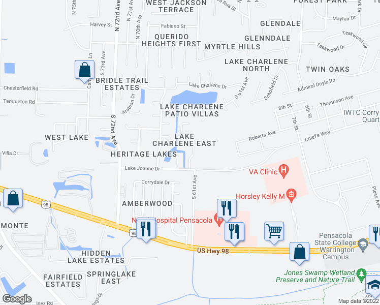 map of restaurants, bars, coffee shops, grocery stores, and more near 549 Long Lake Drive in Pensacola