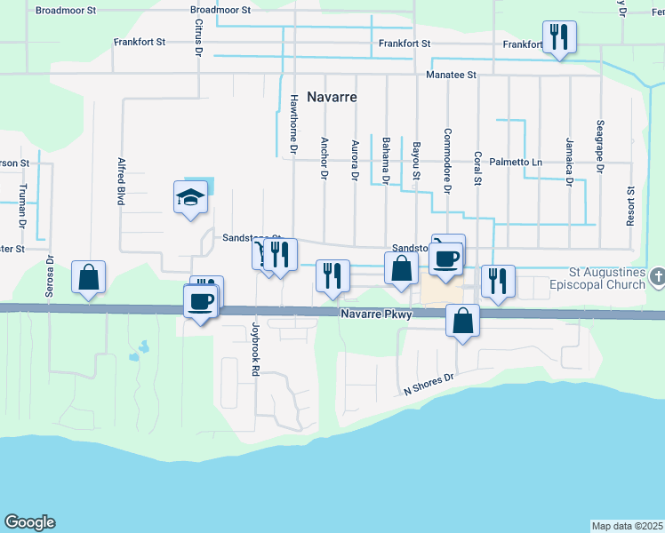 map of restaurants, bars, coffee shops, grocery stores, and more near 7434 Harvest Village Court in Navarre