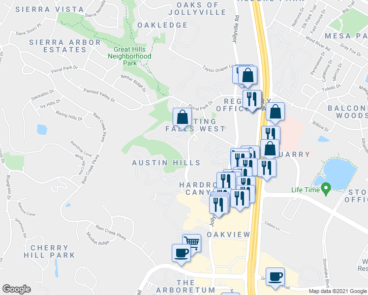 map of restaurants, bars, coffee shops, grocery stores, and more near 10610 Morado Circle in Austin