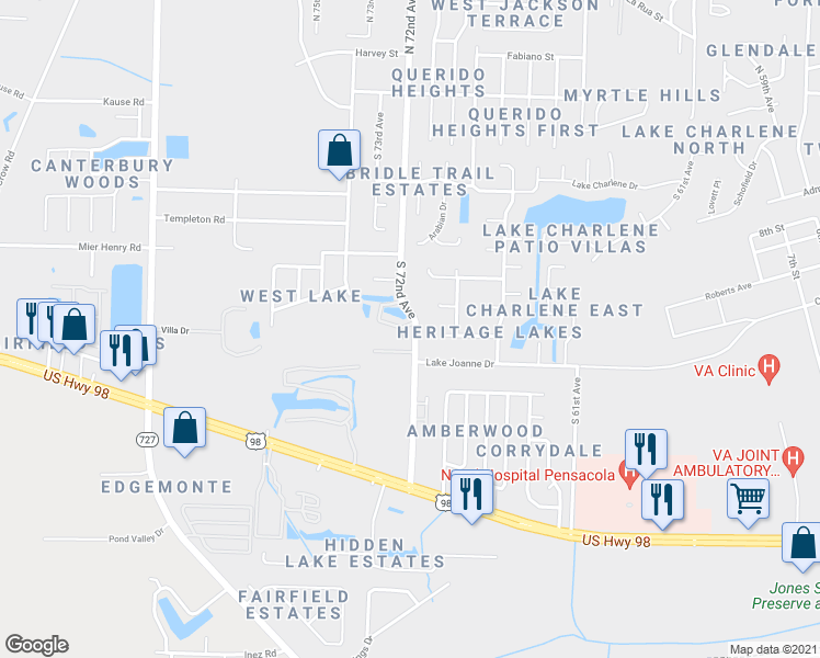 map of restaurants, bars, coffee shops, grocery stores, and more near 7263 Lago Vista Court in Pensacola