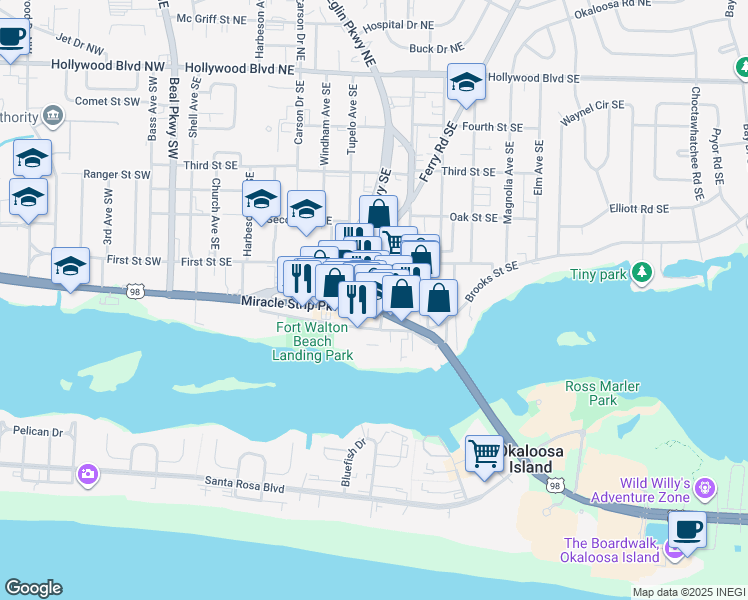 map of restaurants, bars, coffee shops, grocery stores, and more near 218 Miracle Strip Parkway Southeast in Fort Walton Beach