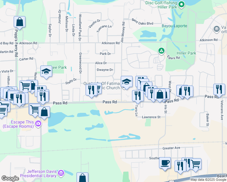 map of restaurants, bars, coffee shops, grocery stores, and more near 2120 Enterprise Drive in Biloxi