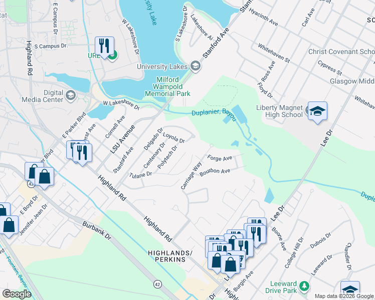 map of restaurants, bars, coffee shops, grocery stores, and more near Ursuline Dr in Baton Rouge