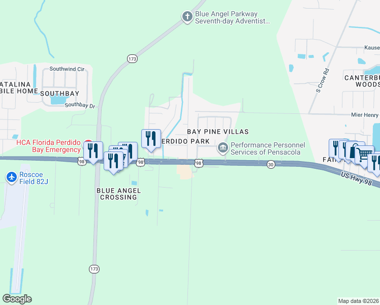 map of restaurants, bars, coffee shops, grocery stores, and more near 2 Bay Pine Villas Drive in Pensacola