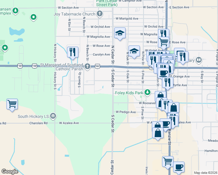 map of restaurants, bars, coffee shops, grocery stores, and more near 310 South Cedar Street in Foley