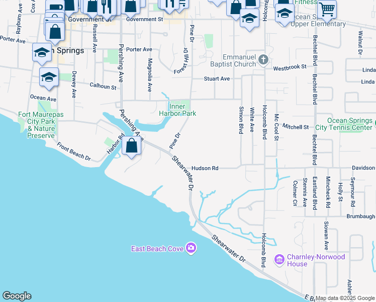 map of restaurants, bars, coffee shops, grocery stores, and more near 207 Shearwater Drive in Ocean Springs