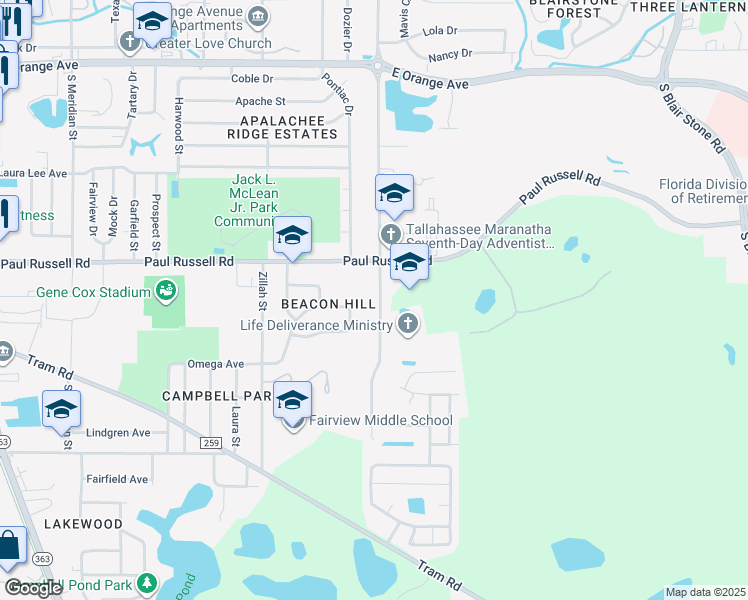 map of restaurants, bars, coffee shops, grocery stores, and more near 3216 Jim Lee Road in Tallahassee